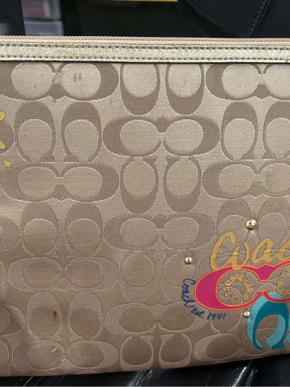 Coach Signature Pouch with Colorful Sunglasses Graphic - Beige 10.5w x 8.5L